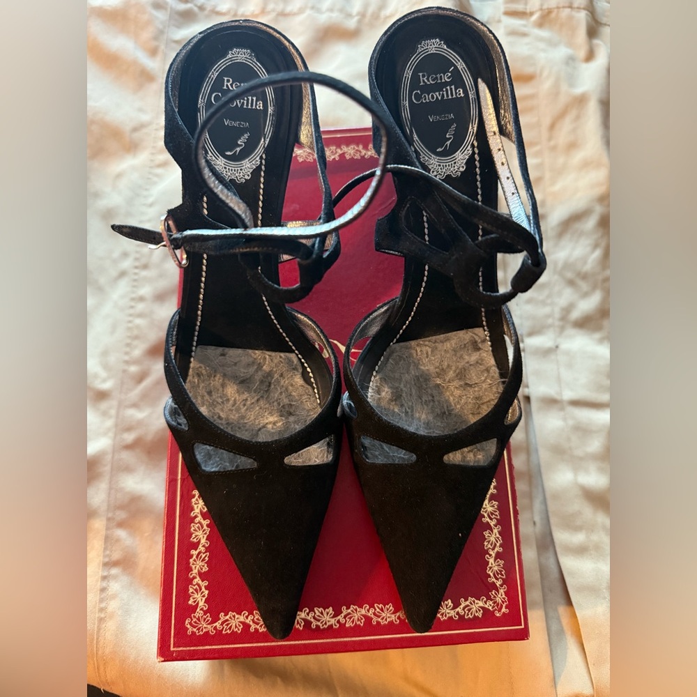 Rene Caovilla Black Suede Heels Shoes with Rhinestones Buckle Accent.